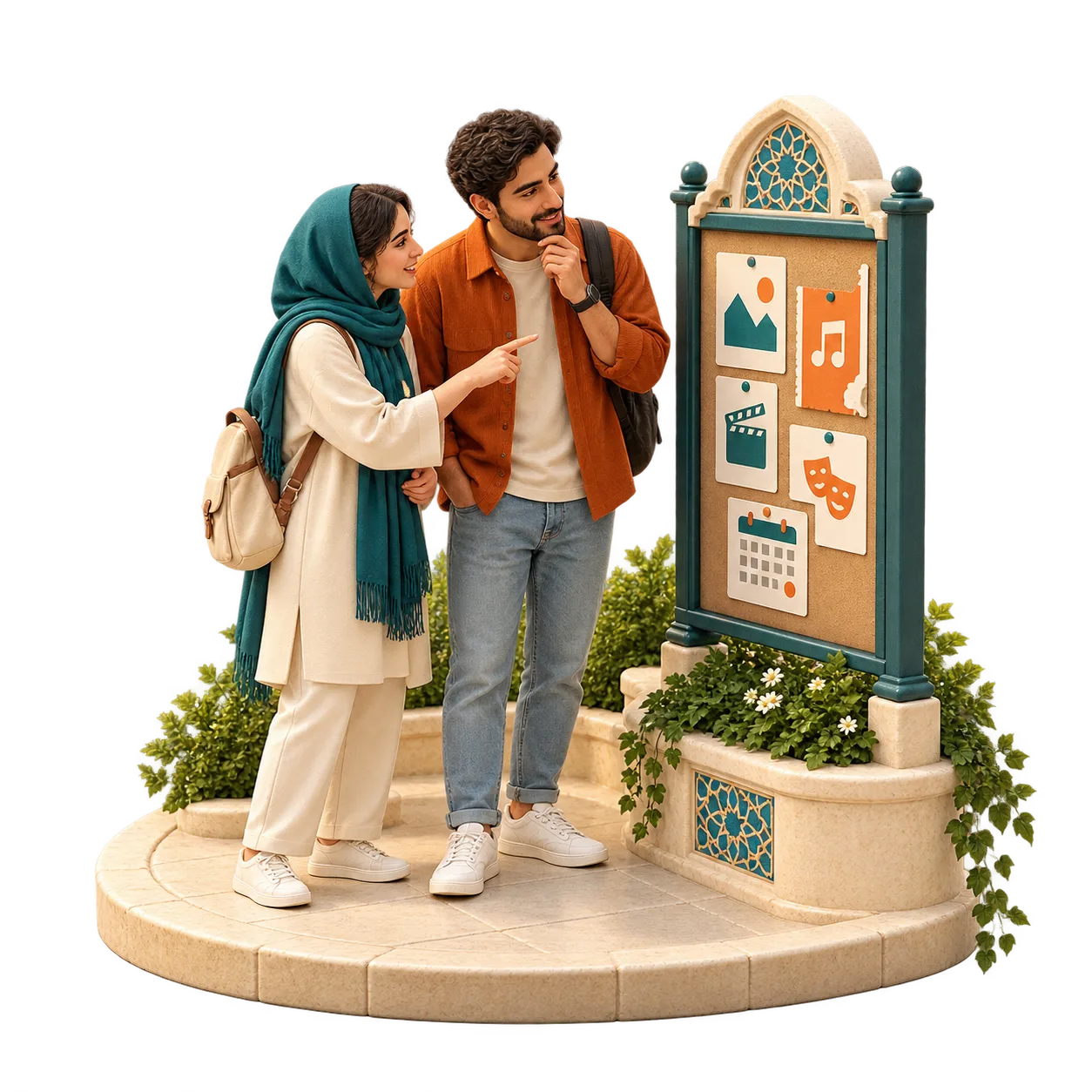 دو دوست کنار تابلوی برنامه‌های شهری